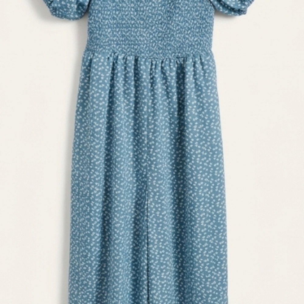 Women Blue Smocked Floral Casual ALL IN ONE with Puff Sleeves